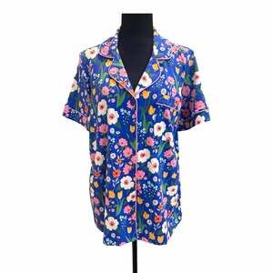 BedHead PJs Womens Pajama Top Blue Floral Button-Front Short Sleeve Size M